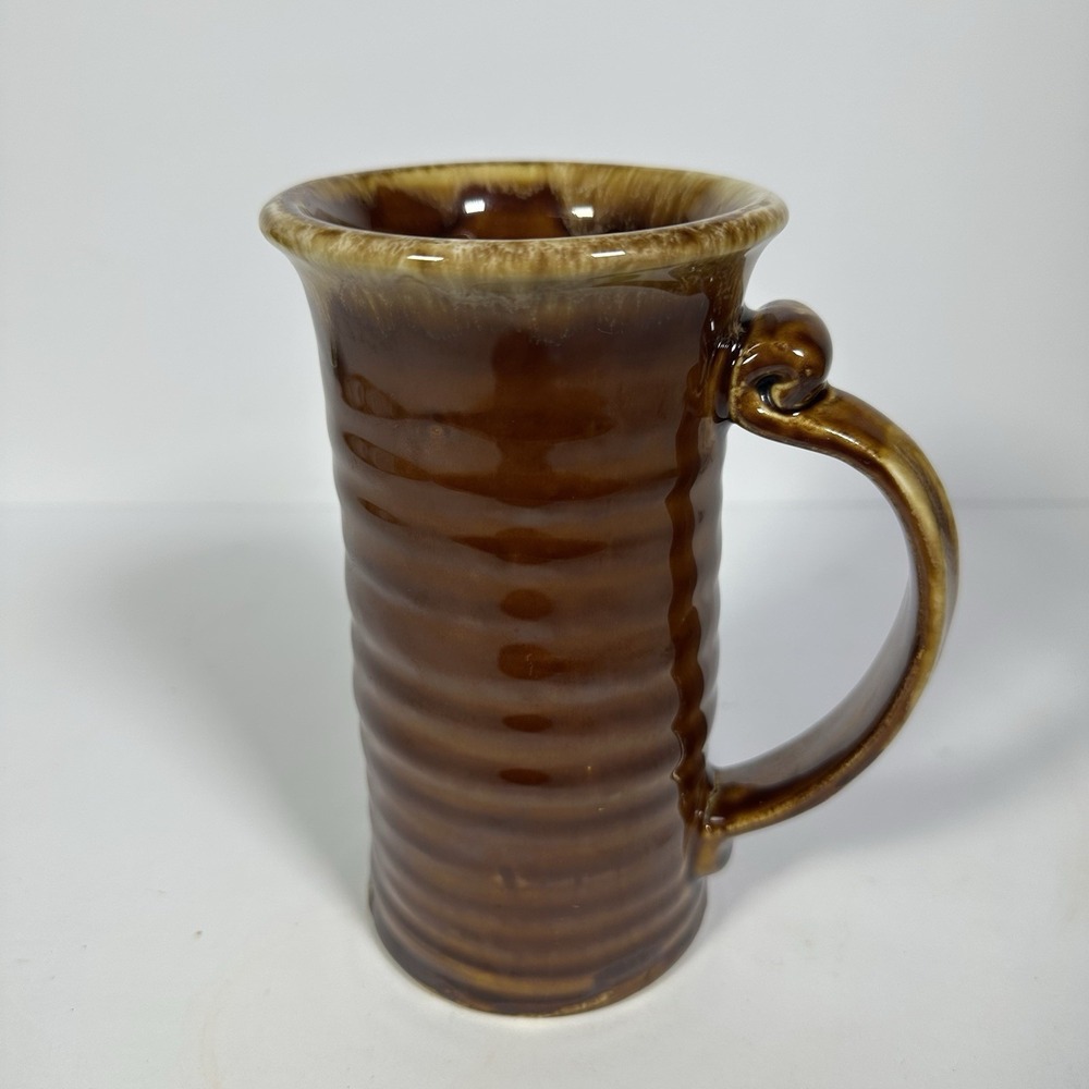 Vintage Hall China Tall Ribbed Beer Stein Mug Brown Drip Glaze Made in USA 6.5"